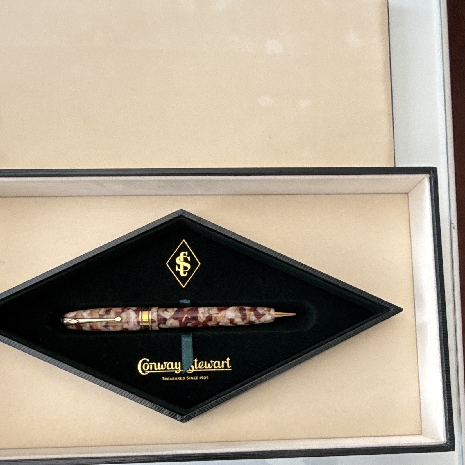 Conway Stewart Marbled Resin Ballpoint Pen Gold Trim Black Ink w/ Box