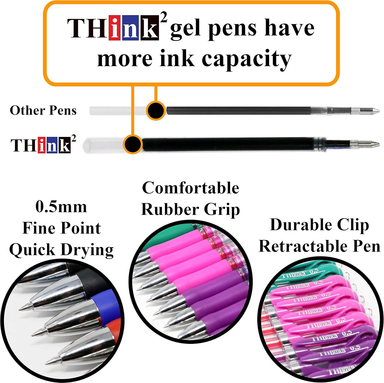 [24 Pens – 4Black, 4Blue, 4 Red, 4 Green, 4 Pink, 4Purple Ink] Think2 Retractab