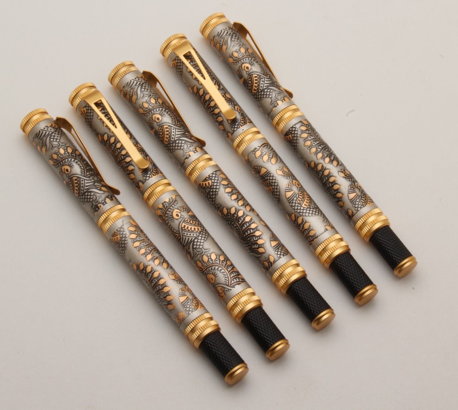 SET OF 5 Peacock Design Engraved On Antique Look Metal Body Ballpoint Pens