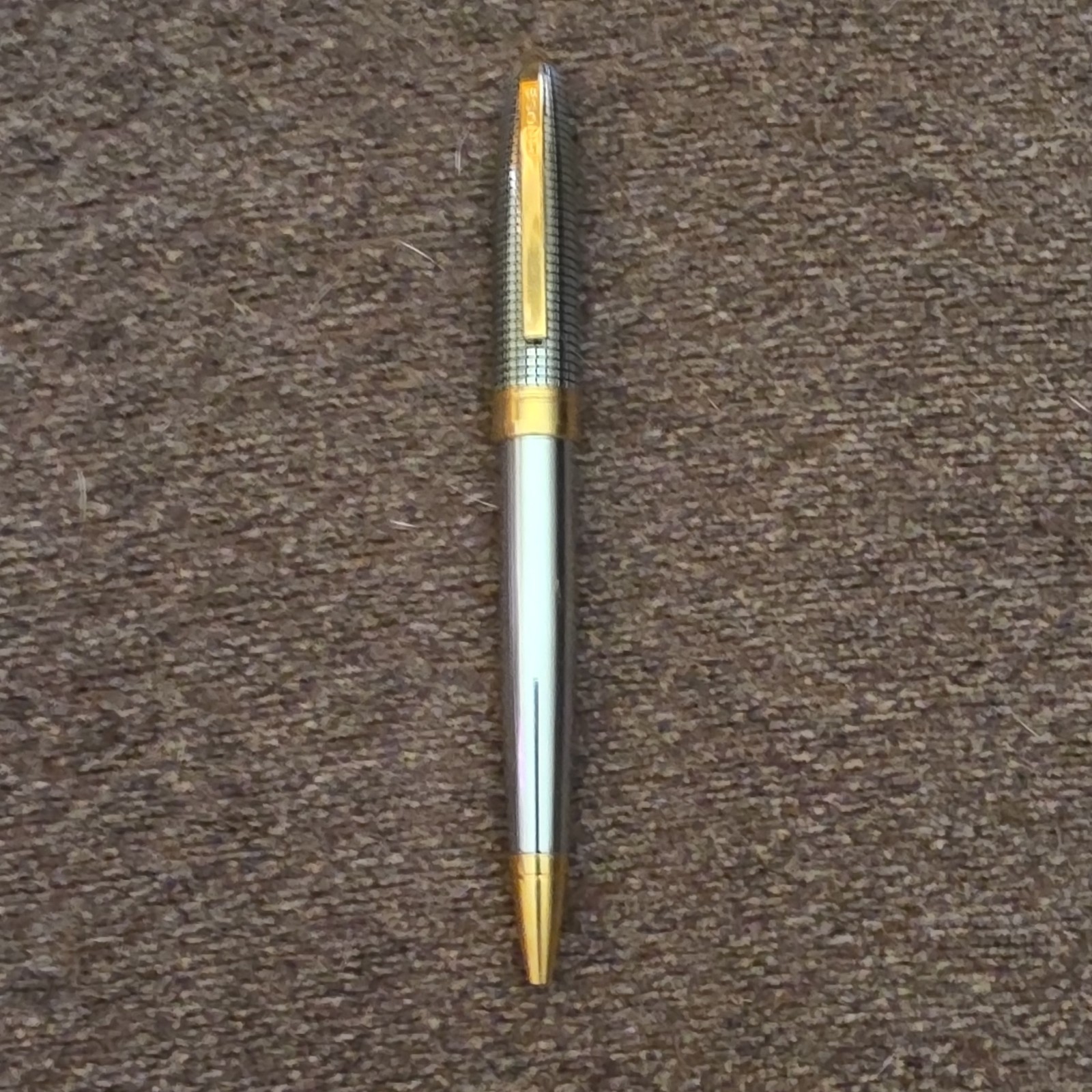 Cross Metal Ballpoint Pen Silver Tone Gold Trim Blue Ink Textured Grip