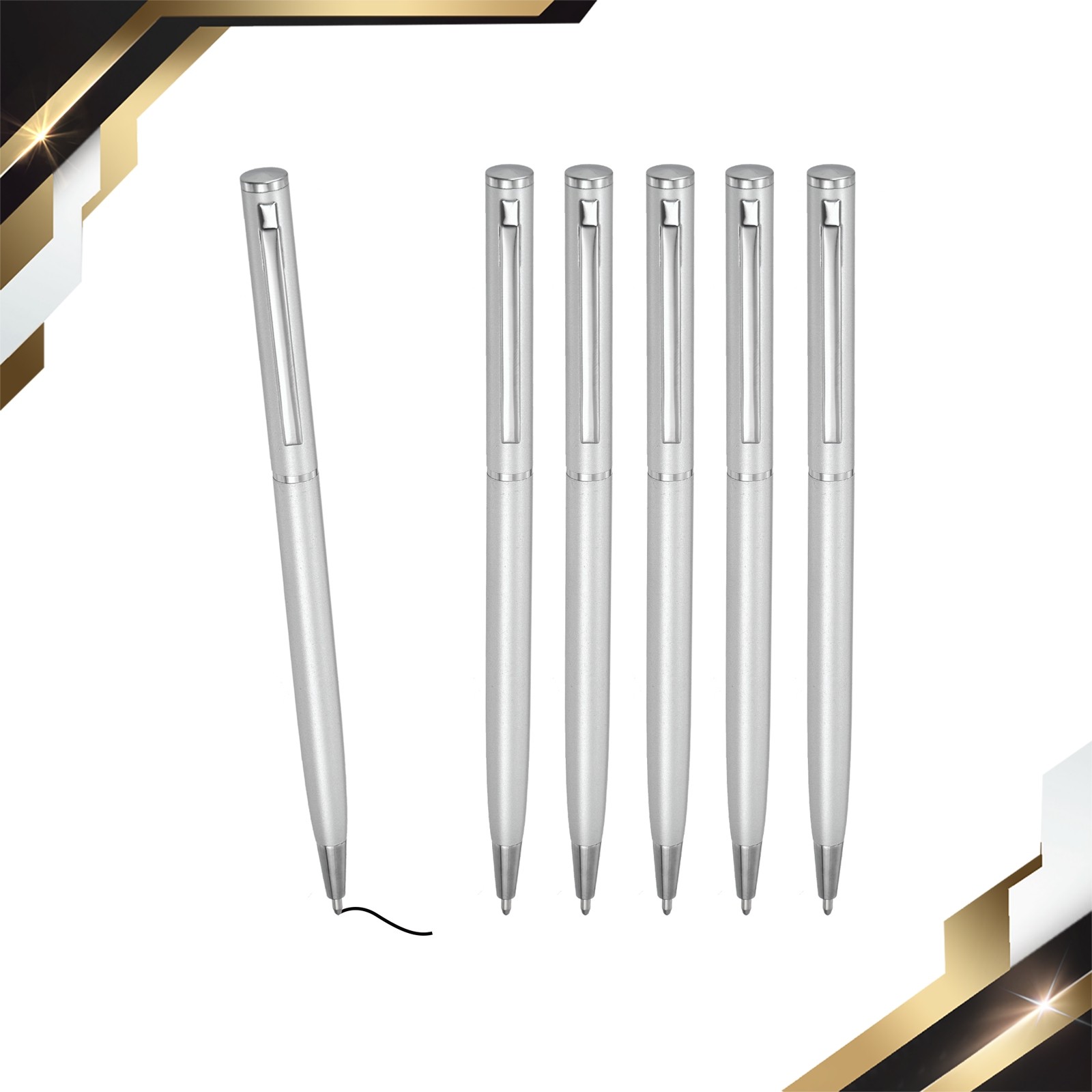 Slim Metallic Ballpoint Pen 6Pcs Black Ink 1mm Medium Point Pen Silver Tone
