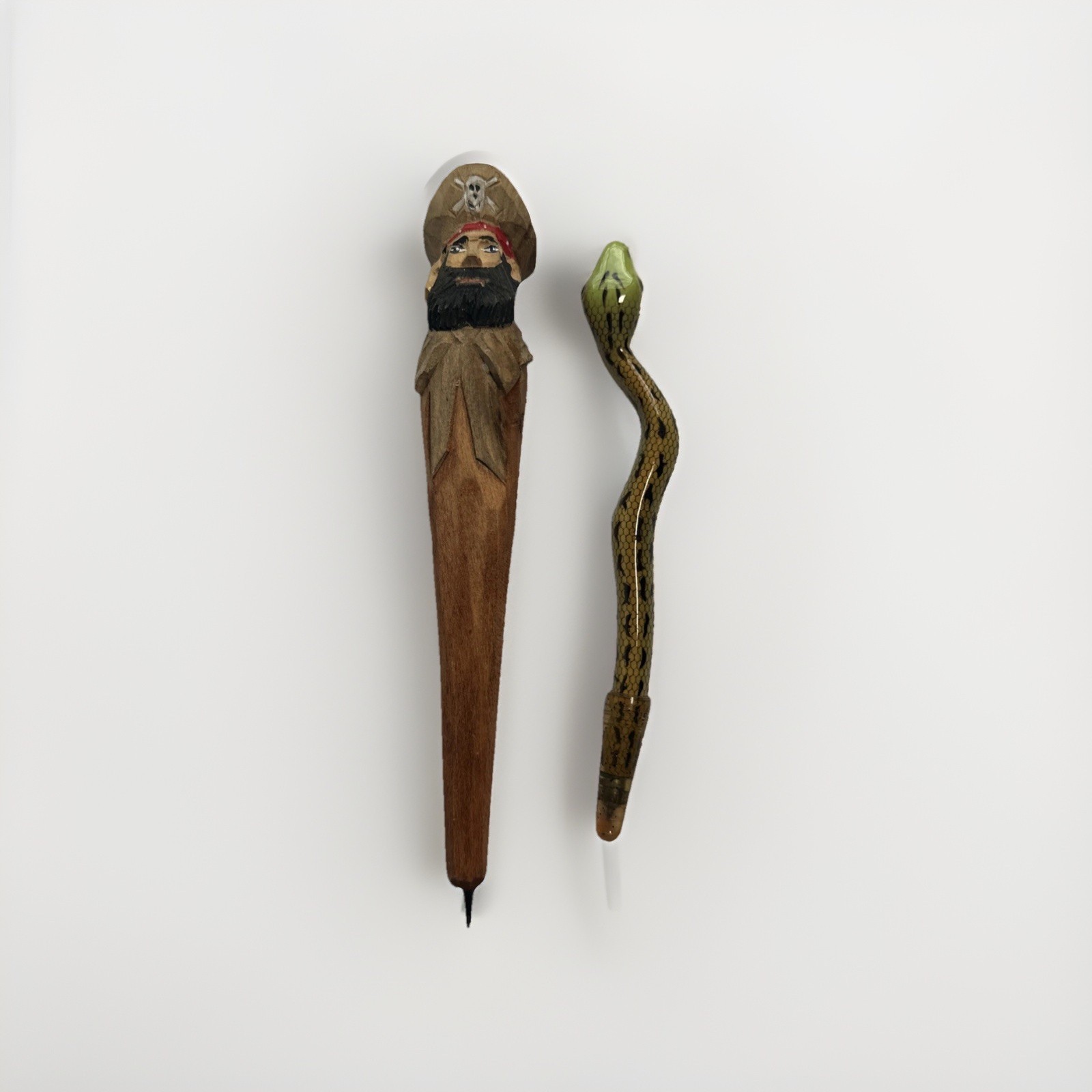 Lot of 2 Vintage Carved Wood Pens – Pirate & Snake Enamel Painted Novelty