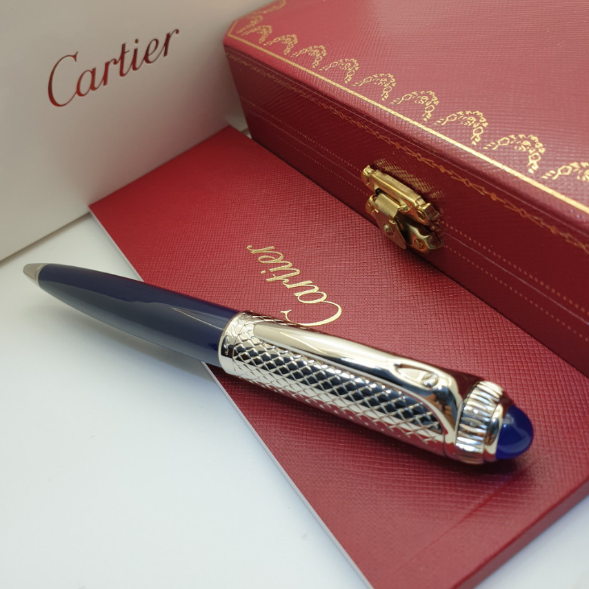Cartier Iced Blue Guilloche Ballpoint Pen Premium Office Writing Pen New Box