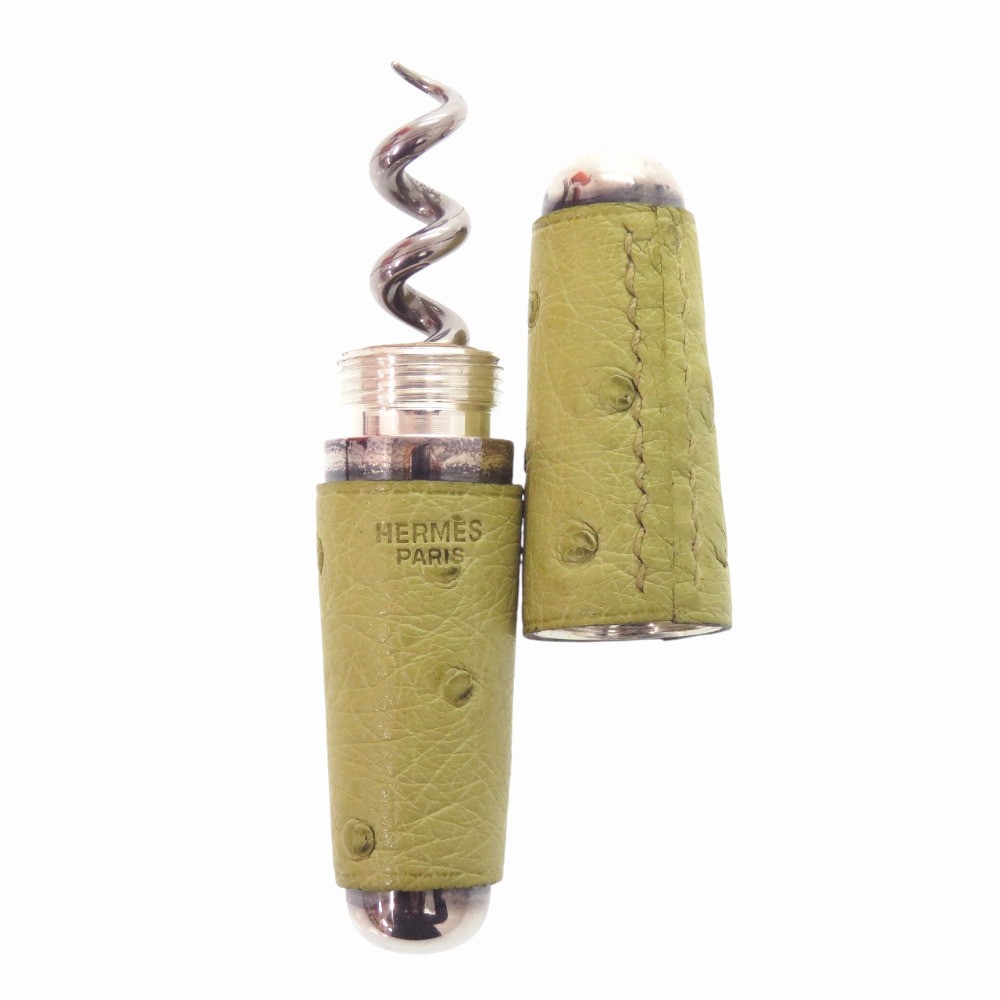 HERMES Green Ostrich Metal Wine Opener Corkscrew Unisex France