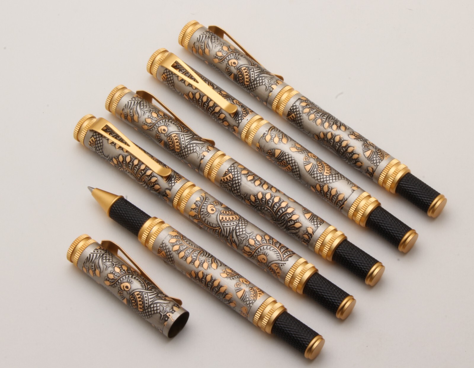 SET OF 5 Peacock Design Engraved On Antique Look Metal Body Ballpoint Pens