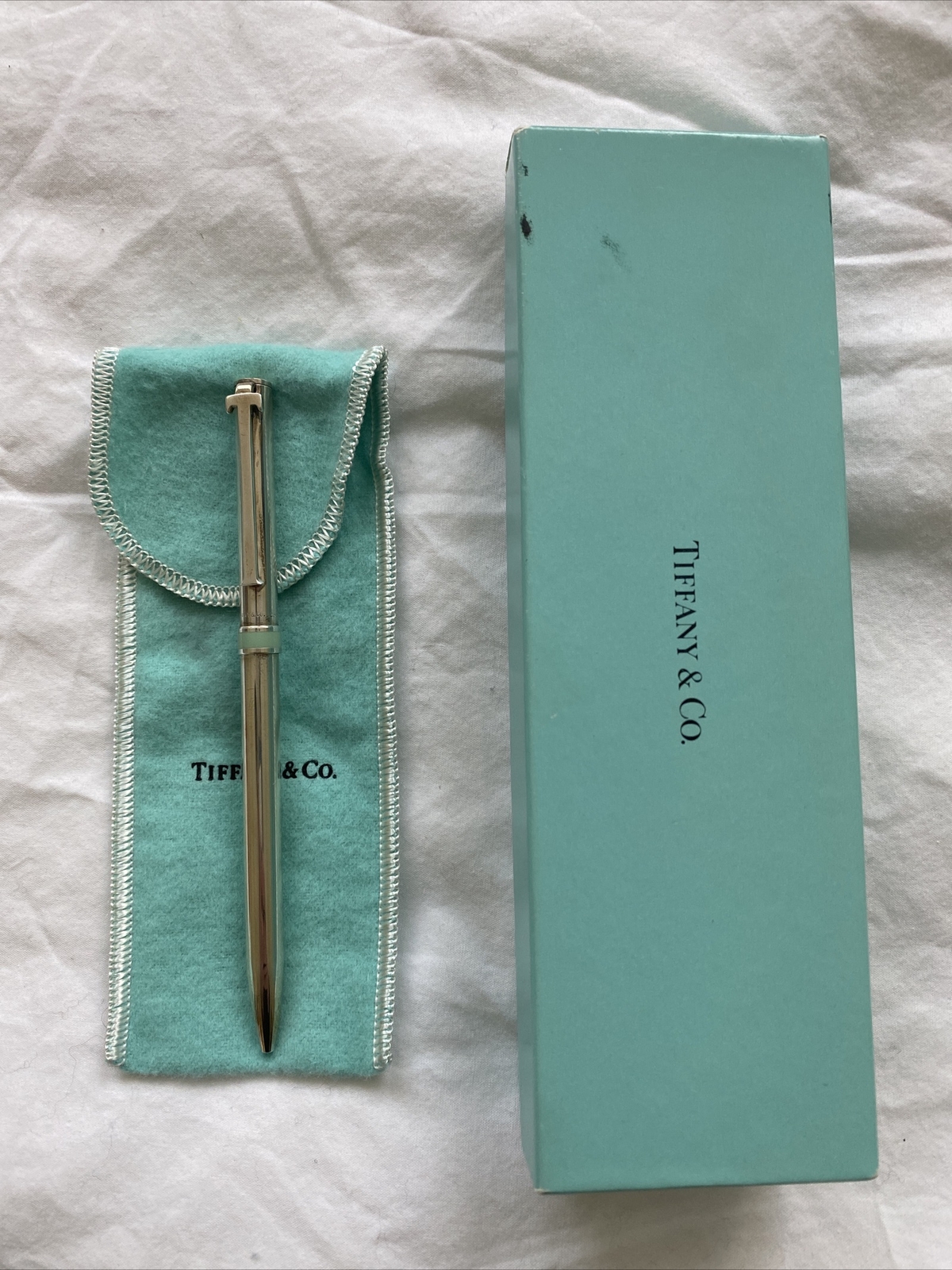 Tiffany & Co. Sterling Silver T-Clip Ballpoint Pen with Blue Enamel Detail. DS
