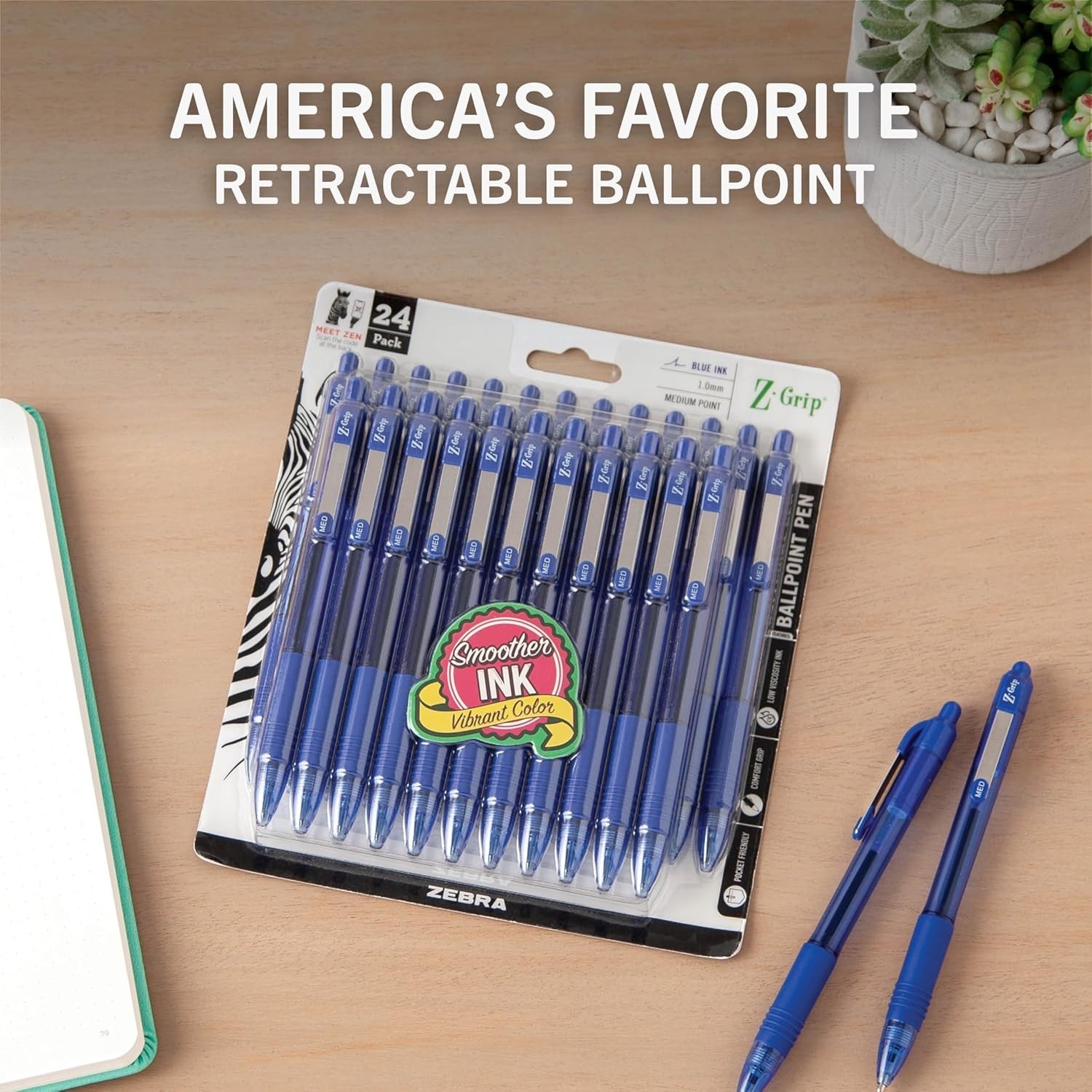 Ballpoint Pen Metal Plastic Blue Ink 1.0mm Medium Retractable 24-Pack