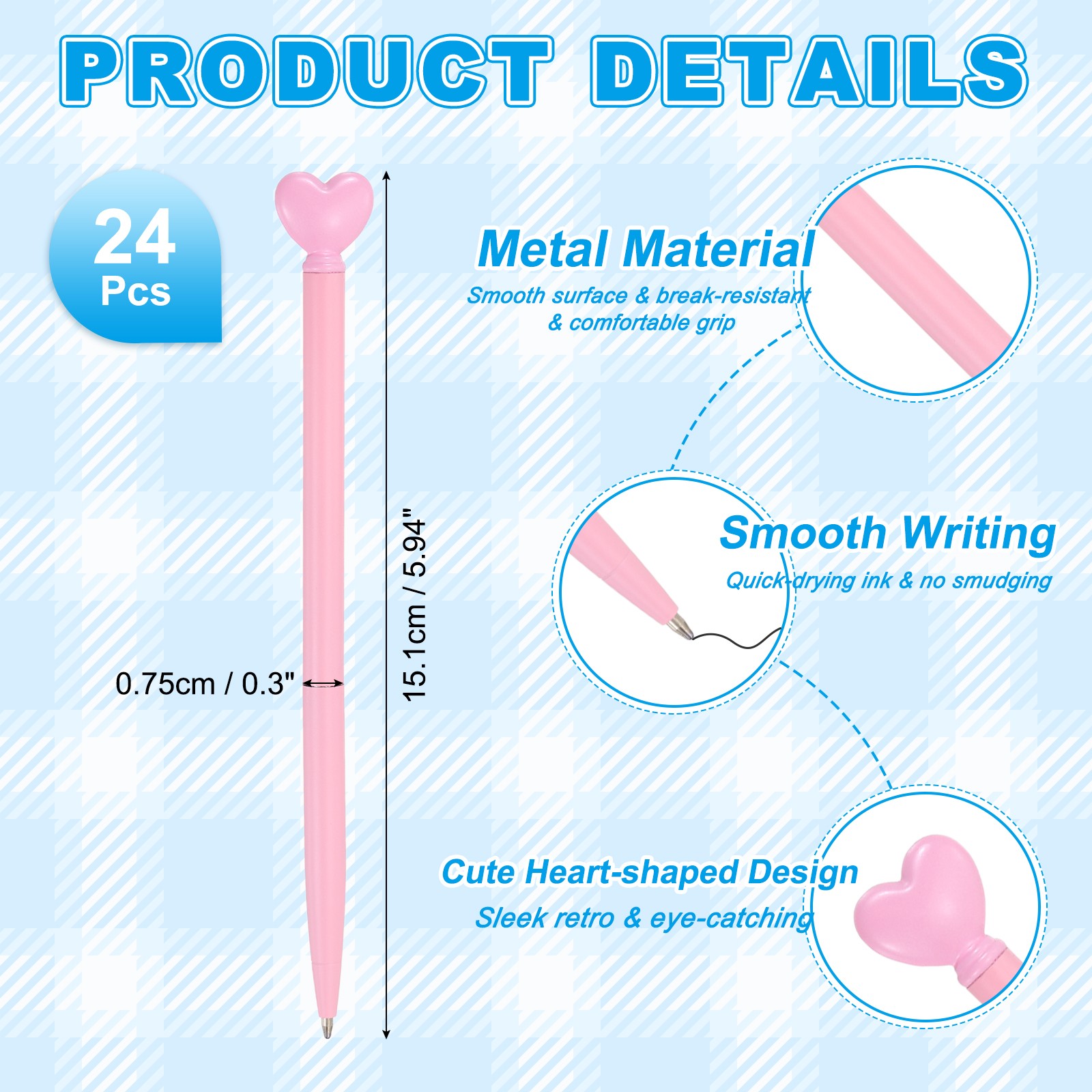 Heart Pens 1.0 mm Black Ink, 24 Pcs Metal Cute Pens Ballpoint, Pink