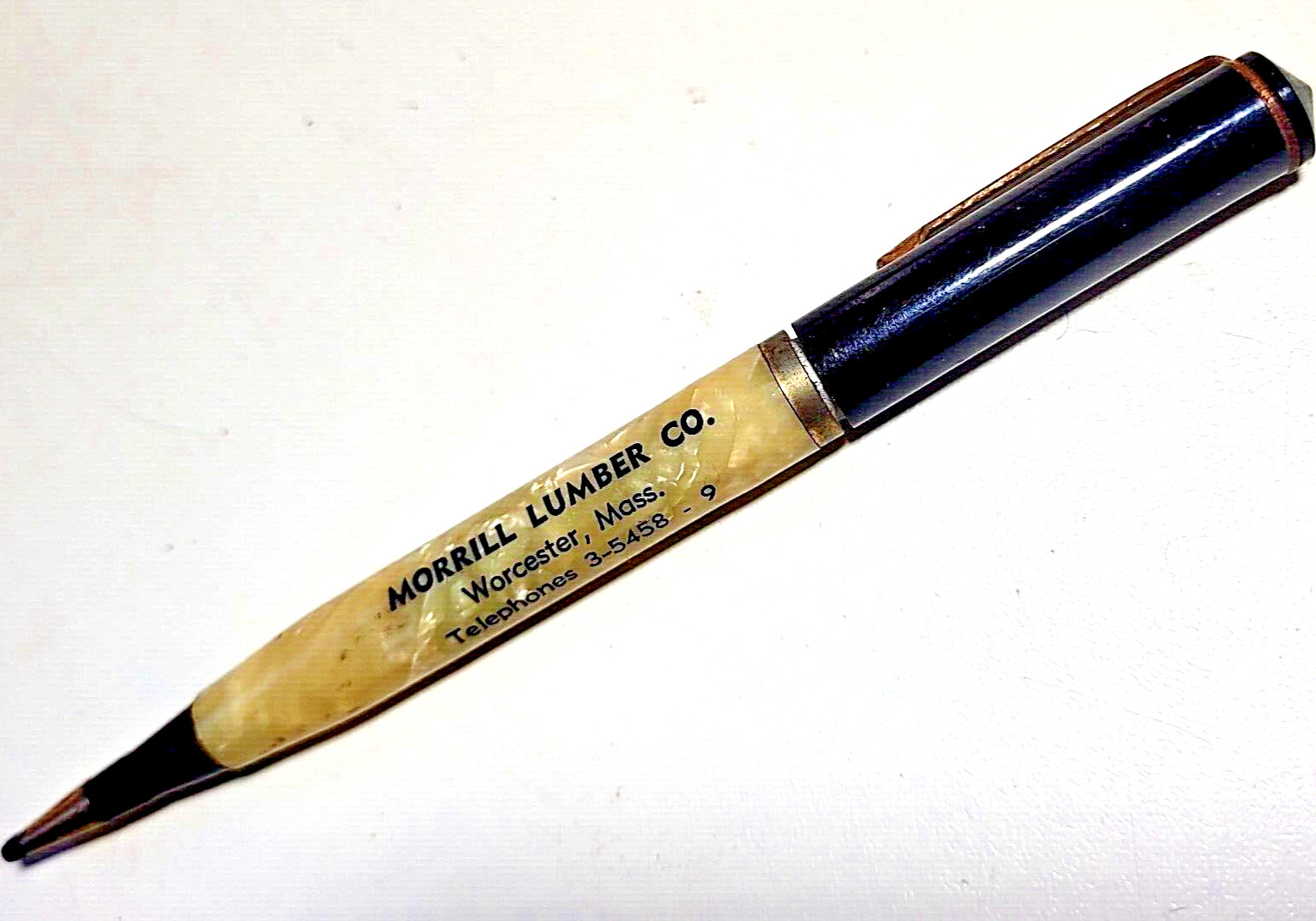 Ballpoint Pen-Marblized Celluloid 1940’s-Morrill Lumber Co-Worcester,Mass