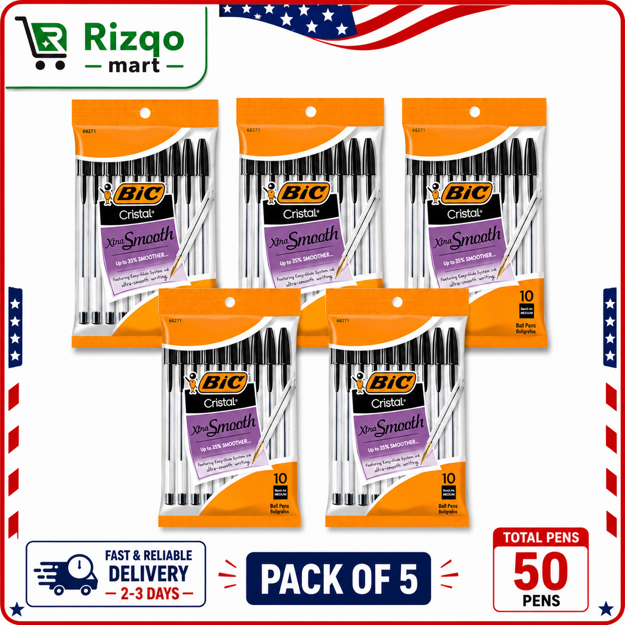 BIC Pack of 50 Ballpoint Pen Black Ink Ball Point Pens for Office Writing School