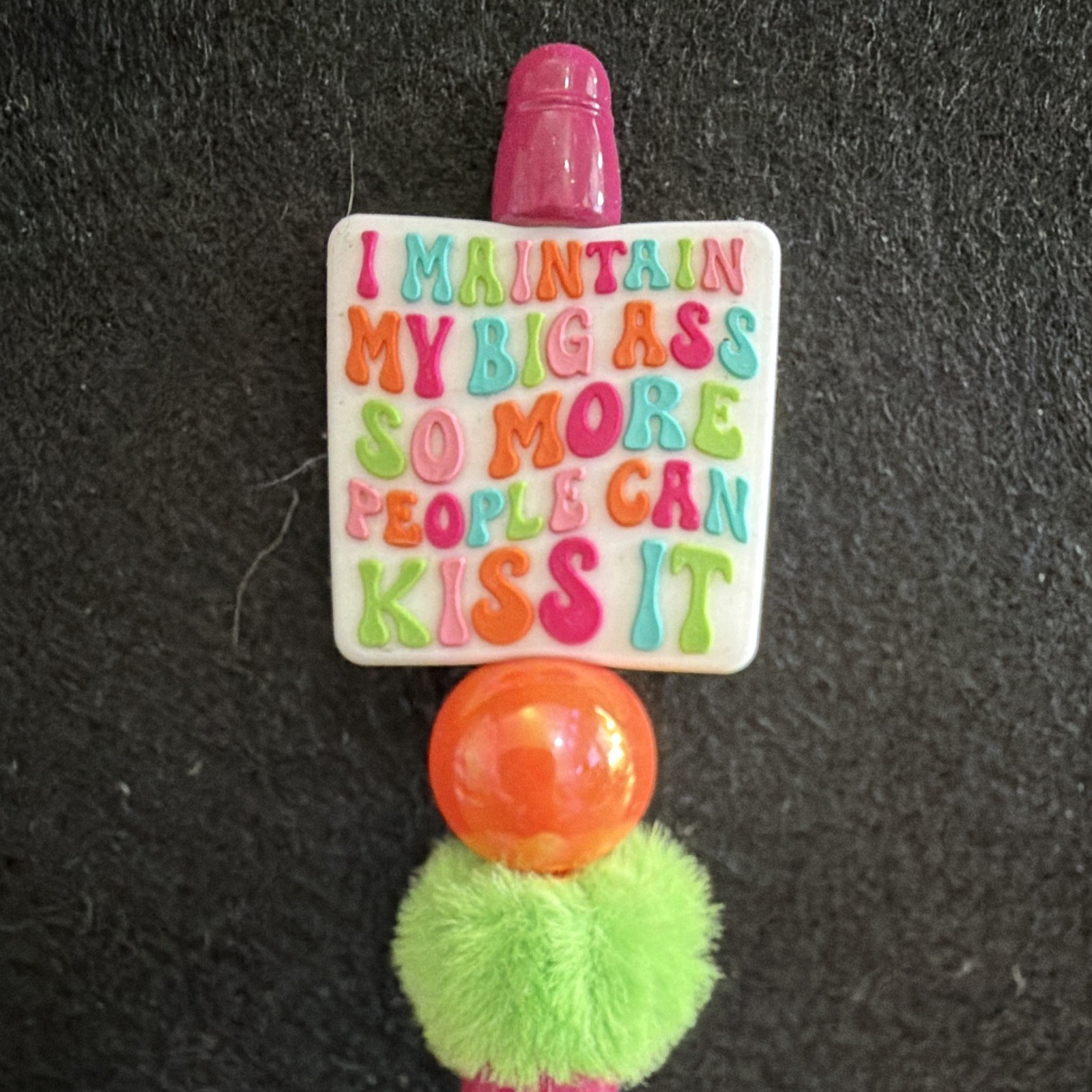 Pink Novelty Ballpoint Pen w/ Pom-Pom & Quote Charm, Plastic, Black Ink
