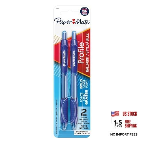 Paper Mate Profile Ballpoint Pens, Bold 2 Count (Pack of 1) Blue Retractable