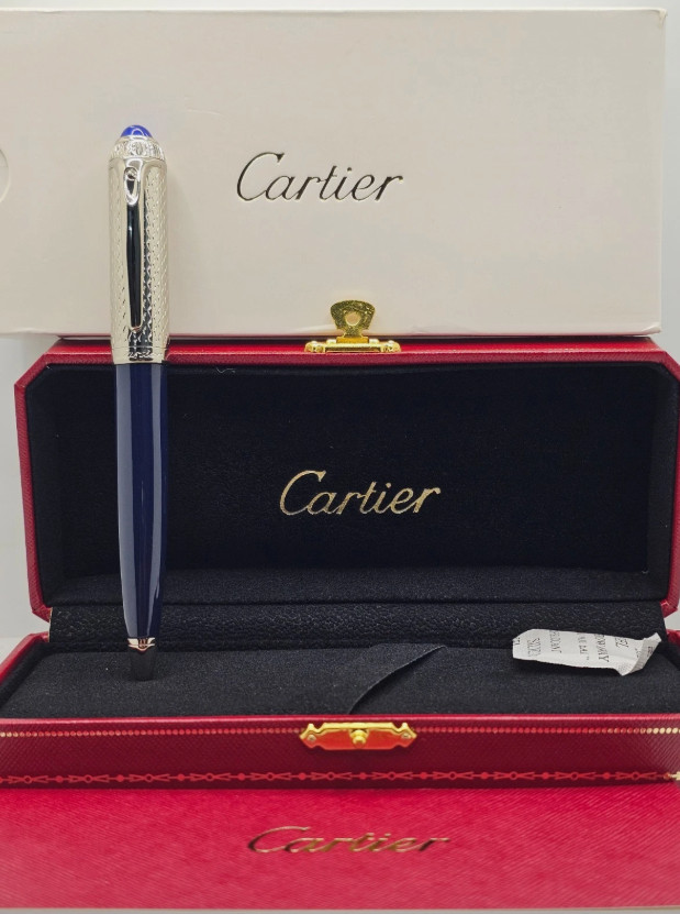 Cartier Guilloche Iced Blue Lacquer Ballpoint Pen Silver Trim Luxury Gift Box
