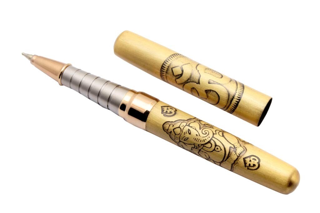 SET OF 5 Lord Ganesh & Om Engraved On Brushed Gold Body Mini Size Ballpoint Pen