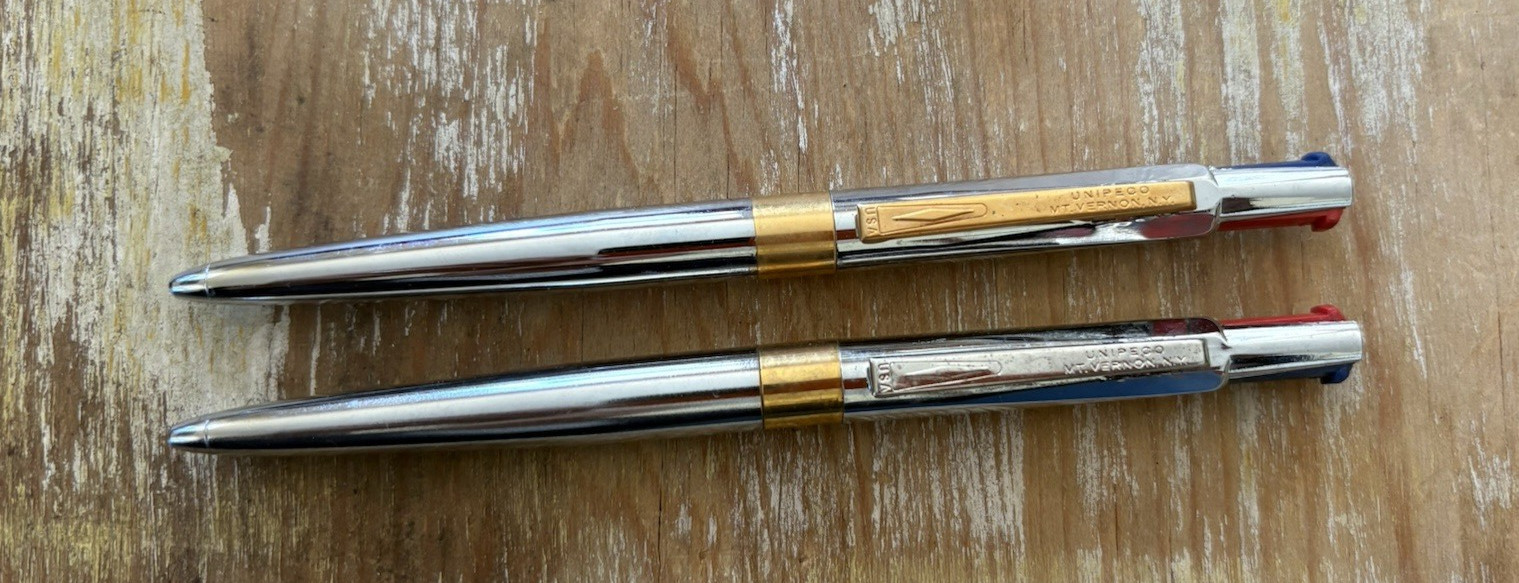 Vintage ballpoint pens Unipeco triangle silver metal chrome body 2 color ink
