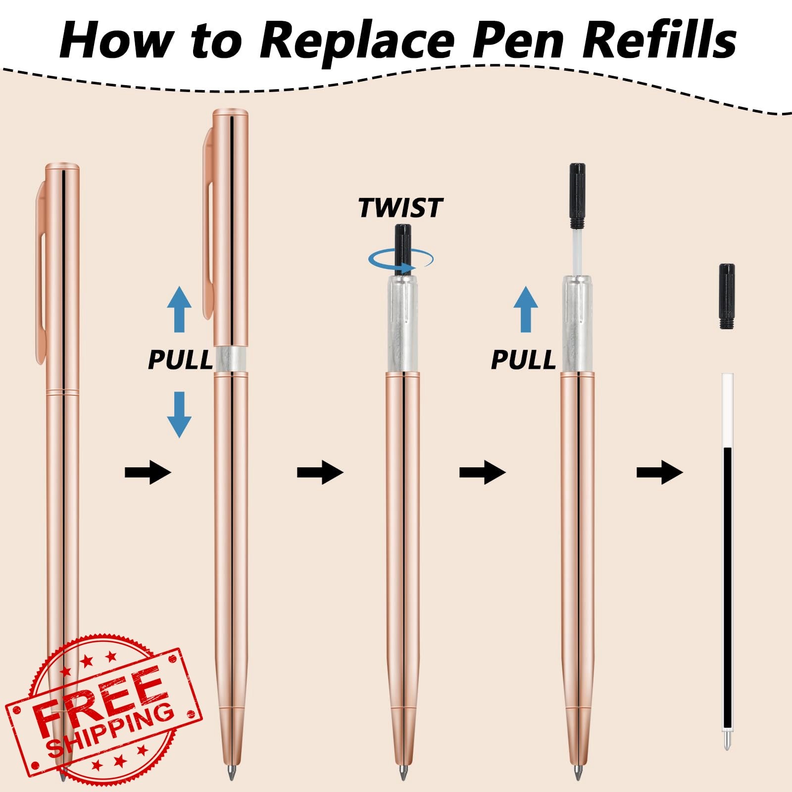 Rose Gold Slim Ballpoint Pens 1mm Black Ink Retractable 6pc