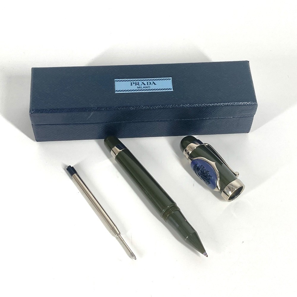 PRADA Logo Ballpoint Pen Stationery Khaki Black Ink Metal Unisex Authentic