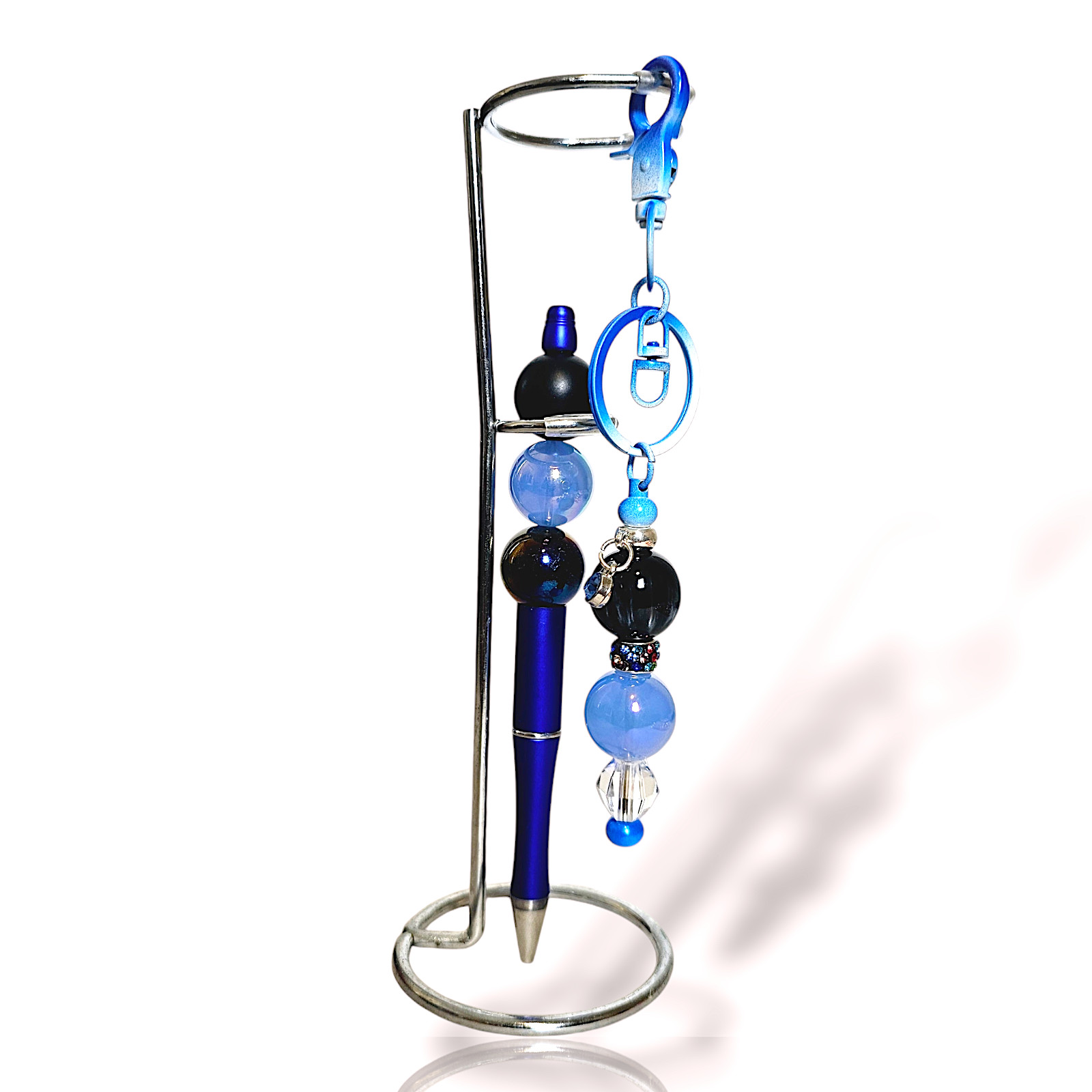 Bubble Bead Pen & Matching Keychain Set, Blue Black Beaded, Gift Accessory