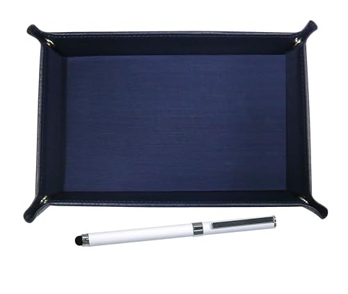 Japanese-made textured cowhide leather pen tray (blue) with smartphone-touch