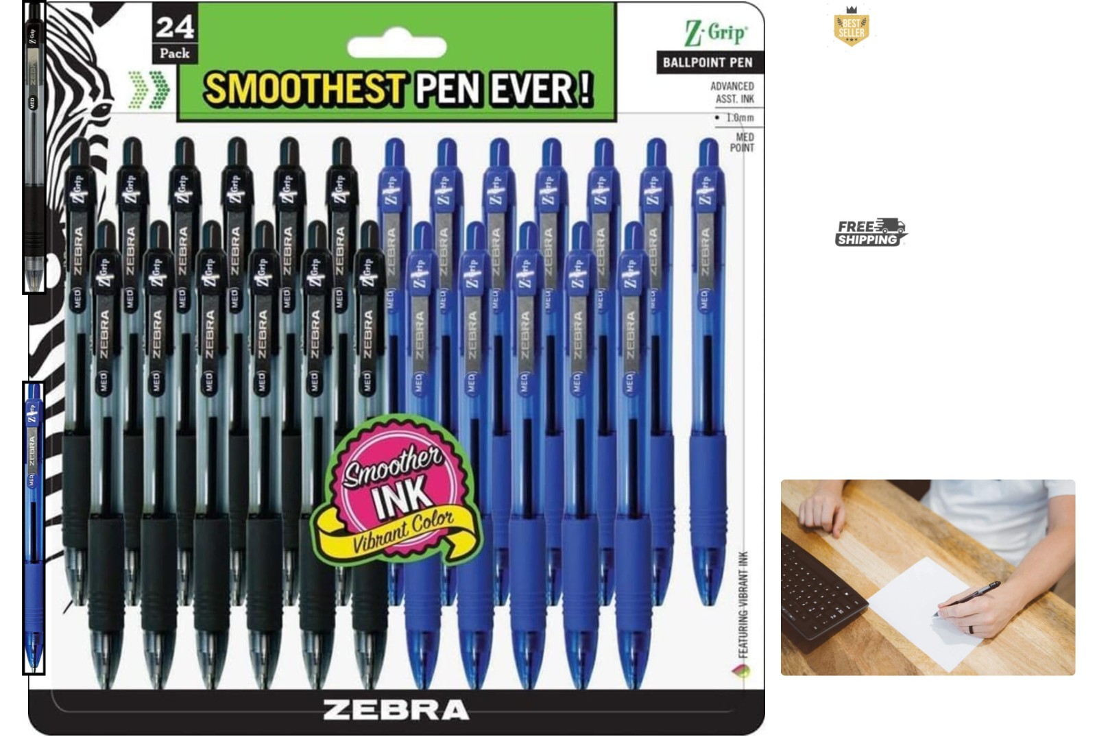Zebra Z-Grip 1.0mm Ballpoint Pen Set – 12 Black & 12 Blue, Ideal for All Ages