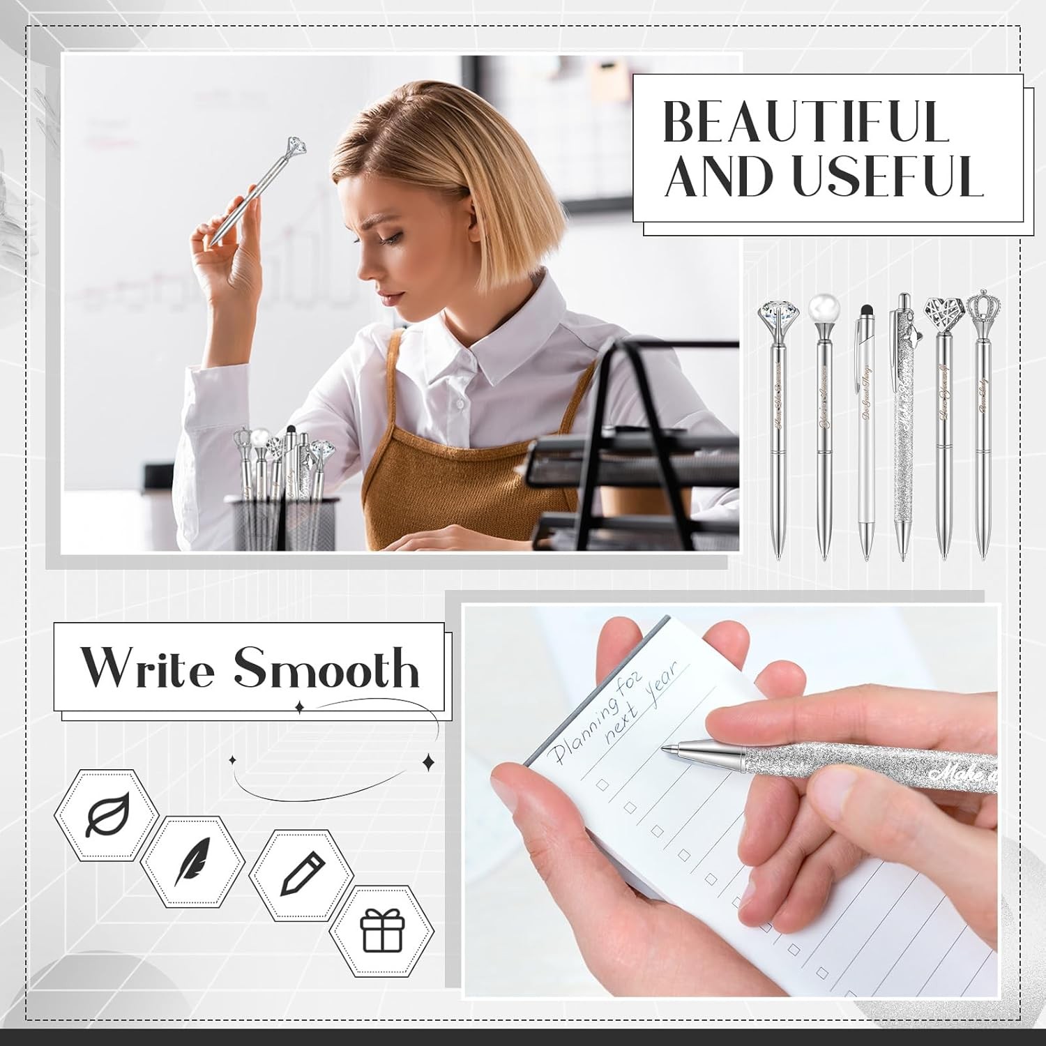 6 Pcs Crystal Diamond Ballpoint Pens for Women Girls Journaling Gifts Silver