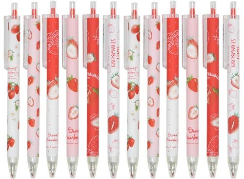 12pcs Cute Strawberry Pens Black Gel 1 Count (Pack of 12) Red strawberry pens