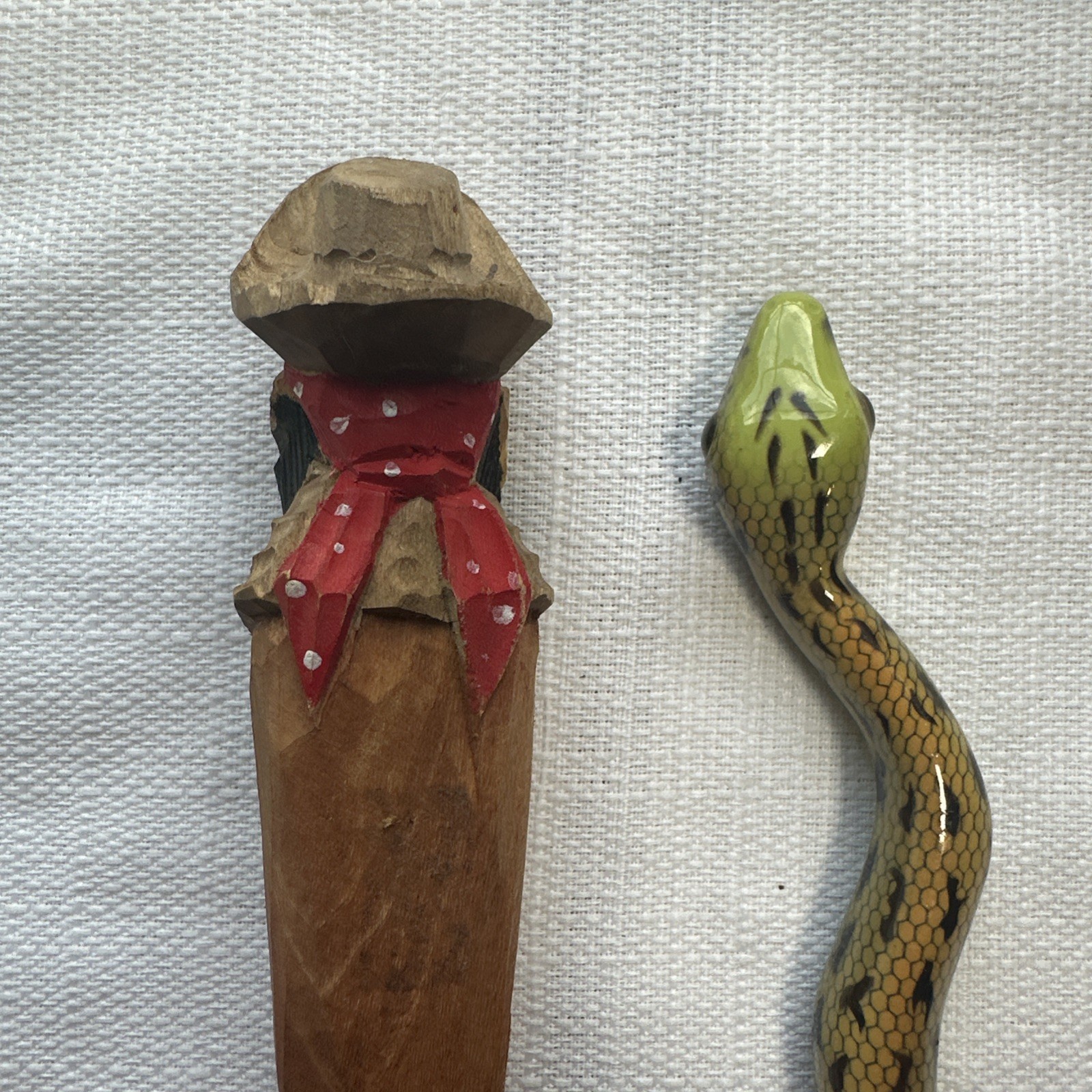 Lot of 2 Vintage Carved Wood Pens – Pirate & Snake Enamel Painted Novelty