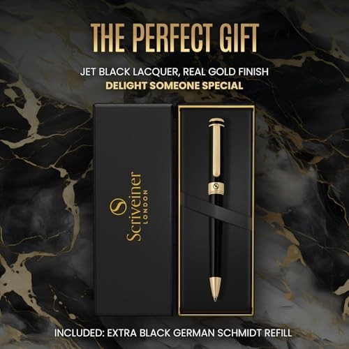 Luxury Black Lacquer Ballpoint Pen – Real Gold Plating, Schmidt Refill, Gift Set