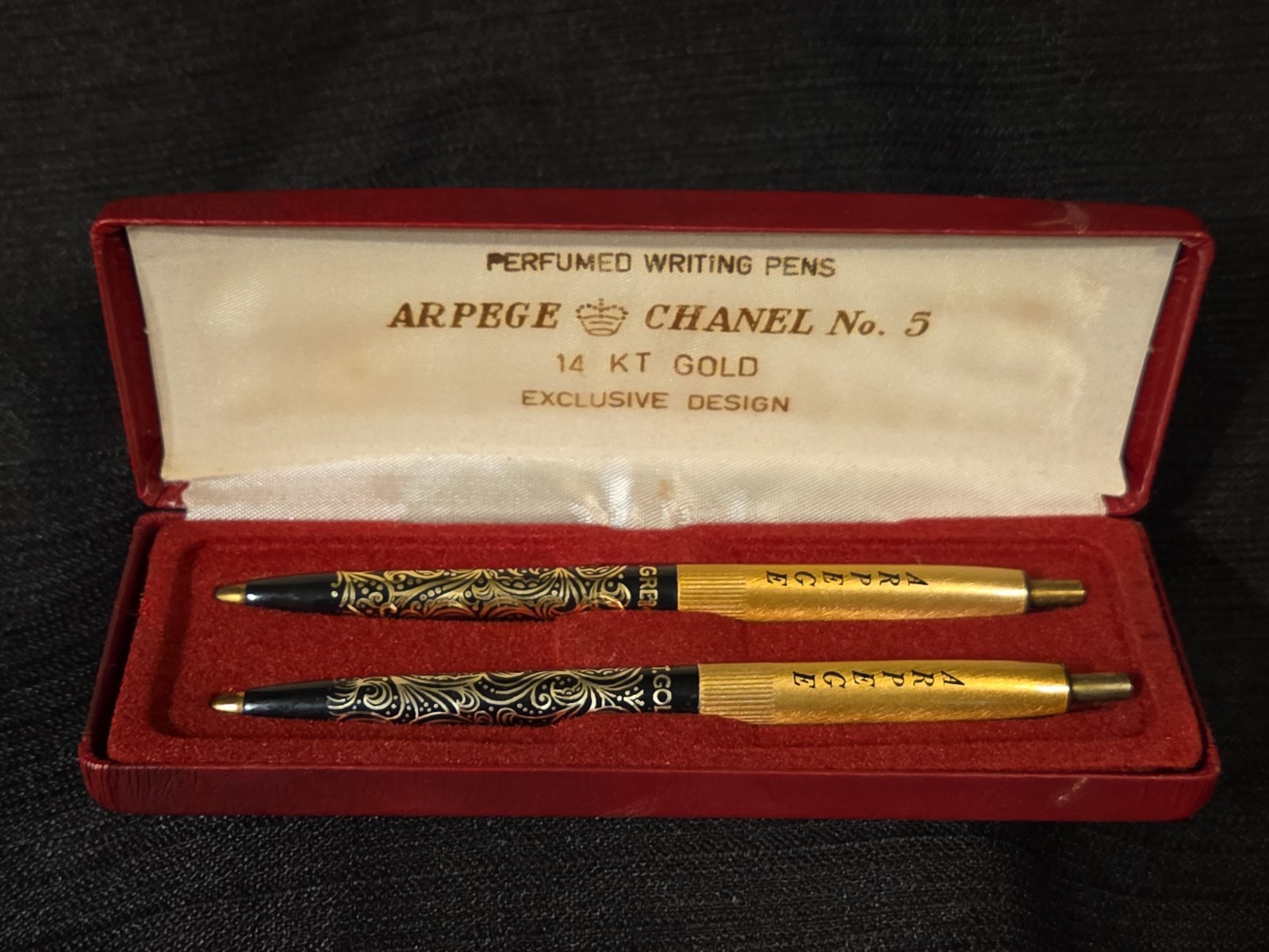 Vintage Chanel No.5 & Arpege 14K Gold Filigree Perfumed Ballpoint Pen Set in Box