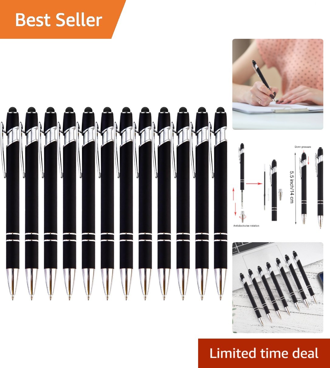 12-Piece Black Ballpoint Pen with Stylus Tip, 2 in 1 Stylish Metal Touch Scre…