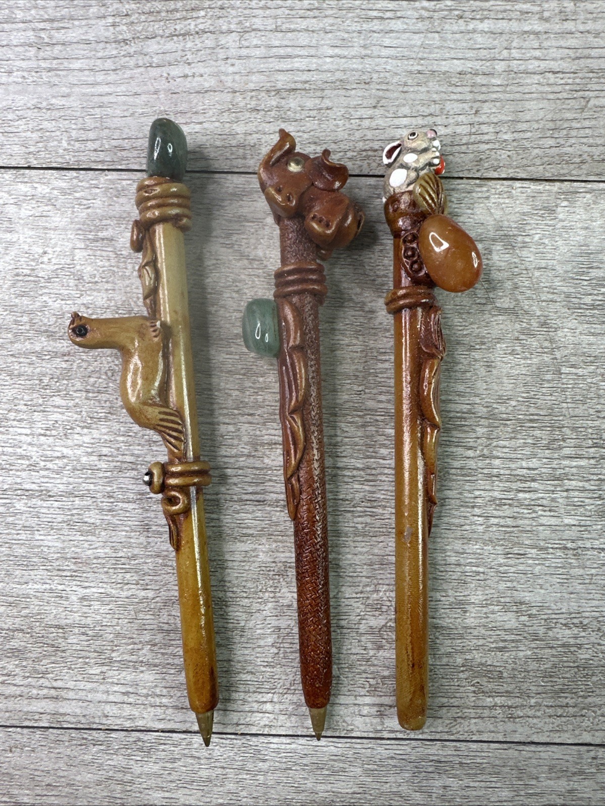 Unique Vtg Lot Of 3 Novelty Hand Detailed Pens Seal, Elephant & Rabbit w/Agates