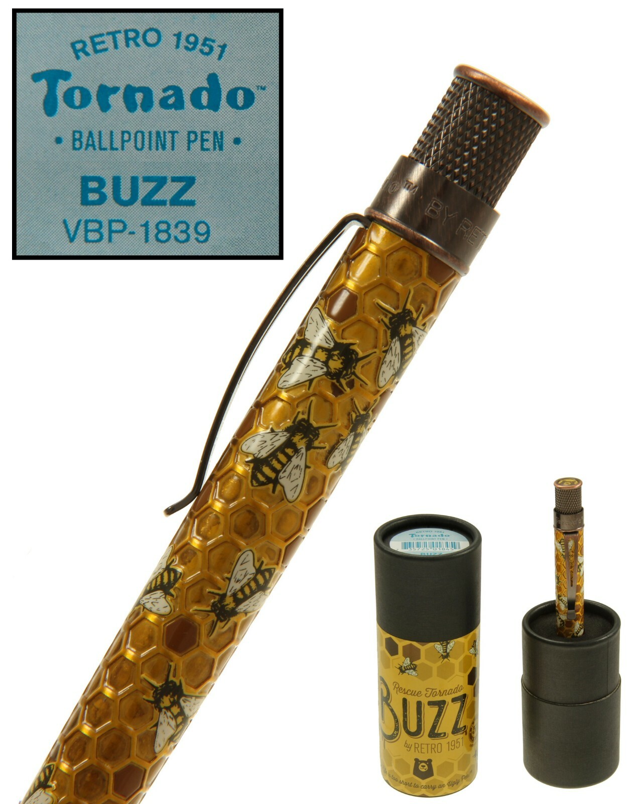 Retro 51 #VBP-1839 / «BUZZ» Acid Etched Honey Bees Tornado Ballpoint Pen