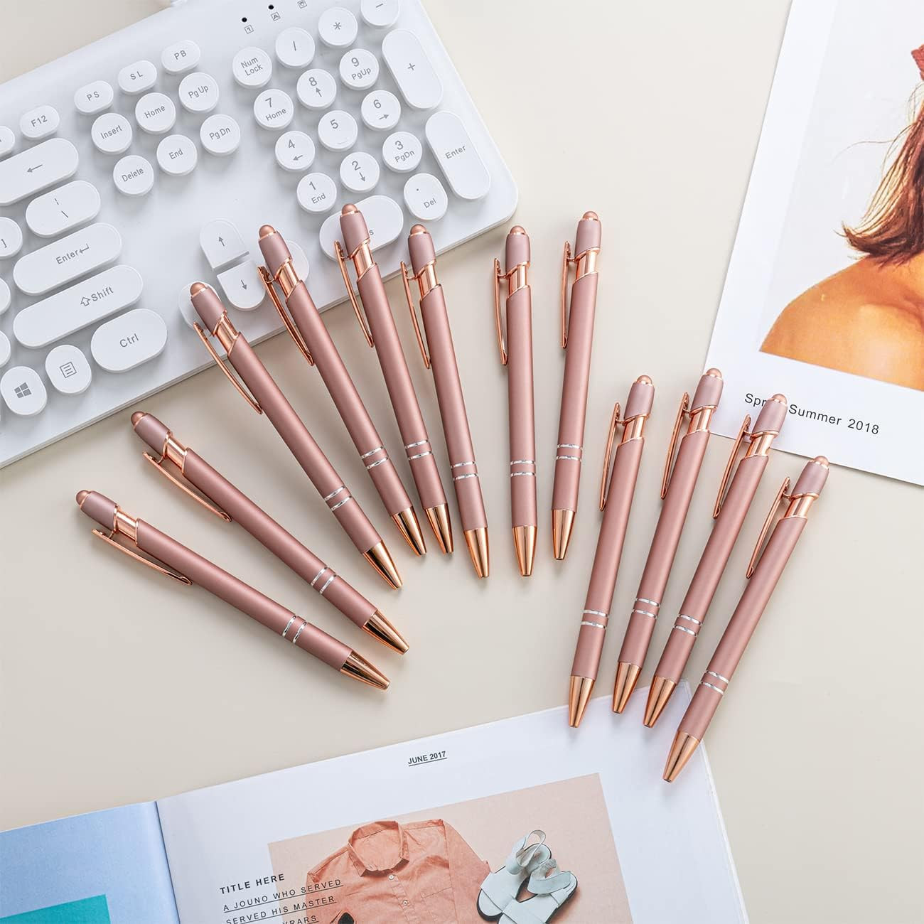 PASISIBICK 12 Pieces Rose Gold Ballpoint Pen with Stylus Tip 2 in 1 Stylish Met