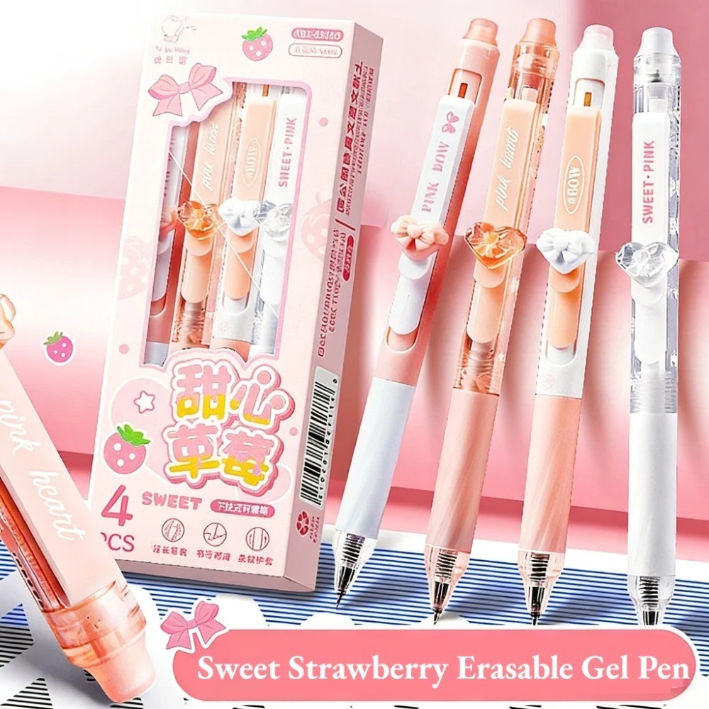 4PCS Strawberry Erasable Gel Pens 0.5mm Kawaii Bow Student Pens