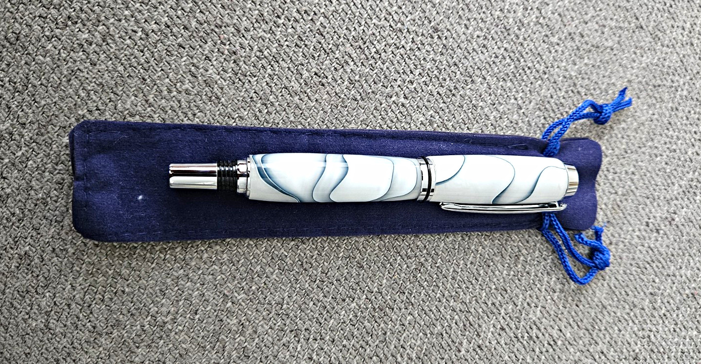 White & Blue/Gray Swirl Resin RollerBall Pen, Chrome Trim, Black Ink, w/ Pouch