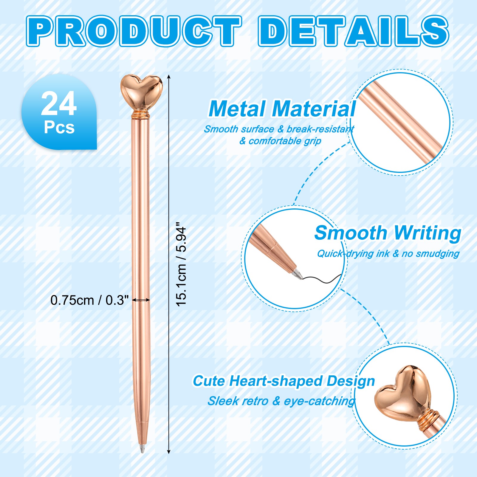 Heart Pens 1.0 mm Black Ink, 24 Pcs Metal Cute Pens Ballpoint, Rose Gold