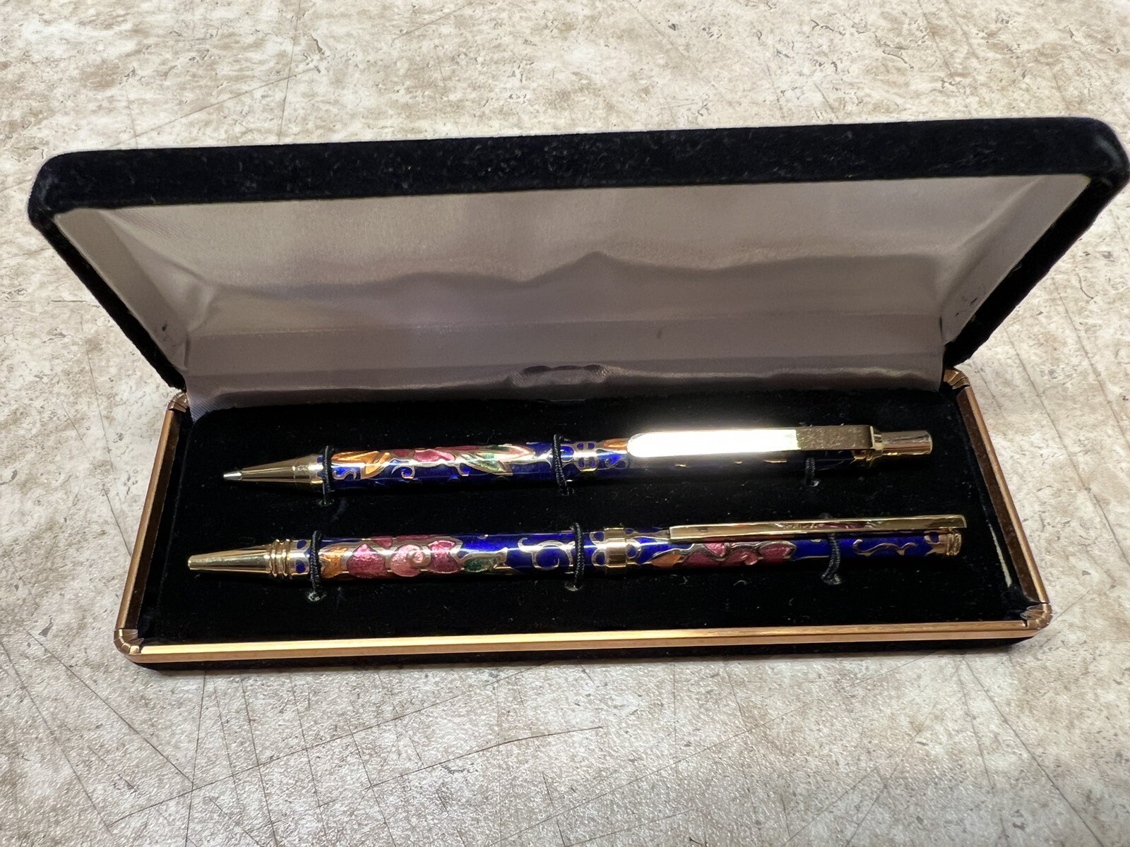 Vintage Cloisonne Blue Floral Enameled Ballpoint Pen and Pencil Set Beautiful