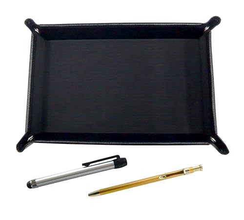 Japanese-made textured cowhide leather pen tray (black) with a silver