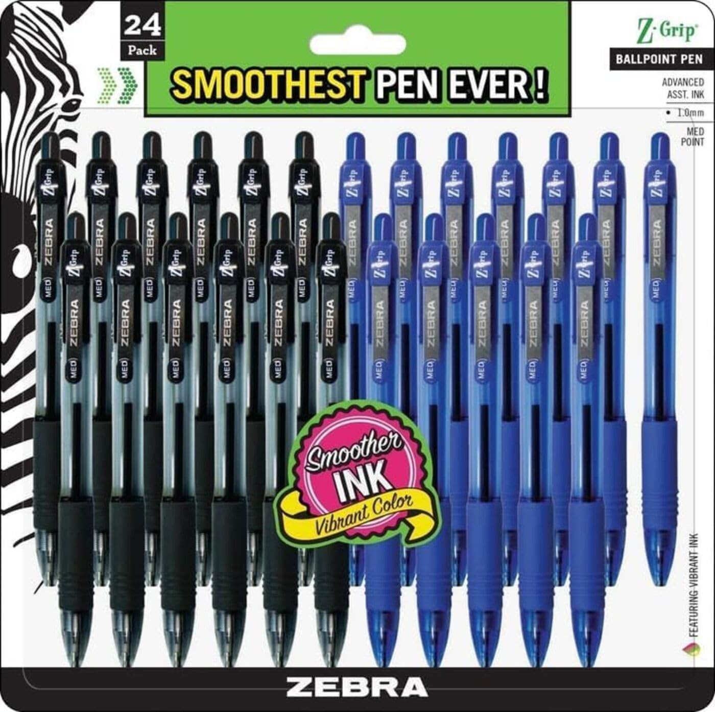 Zebra Z-Grip 1.0mm Ballpoint Pen Set – 12 Black & 12 Blue, Ideal for All Ages