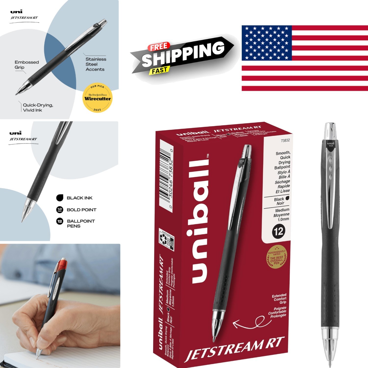 Smooth Hybrid Ink Ballpoint Pens 1mm Medium Point Black Water Resistant 12 Count