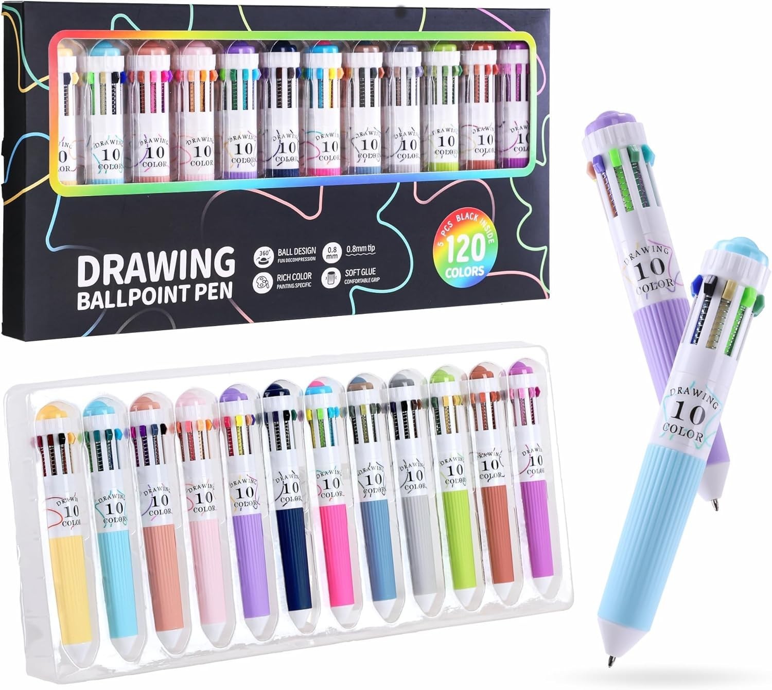 120 Colors Multicolor Pen, 12PCS 10-In-1 Multicolor Ballpoint Pen Set, 0.8Mm Tip