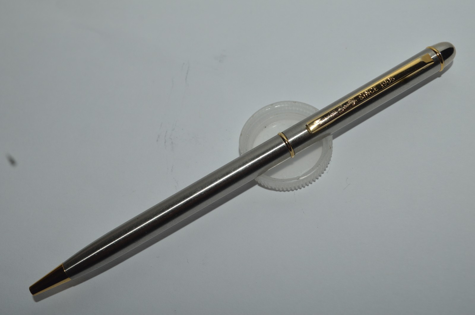SCULLY SINCE 1906 Ball Pen Slim Brushed Stainless Steel Gold Trim Twist Action