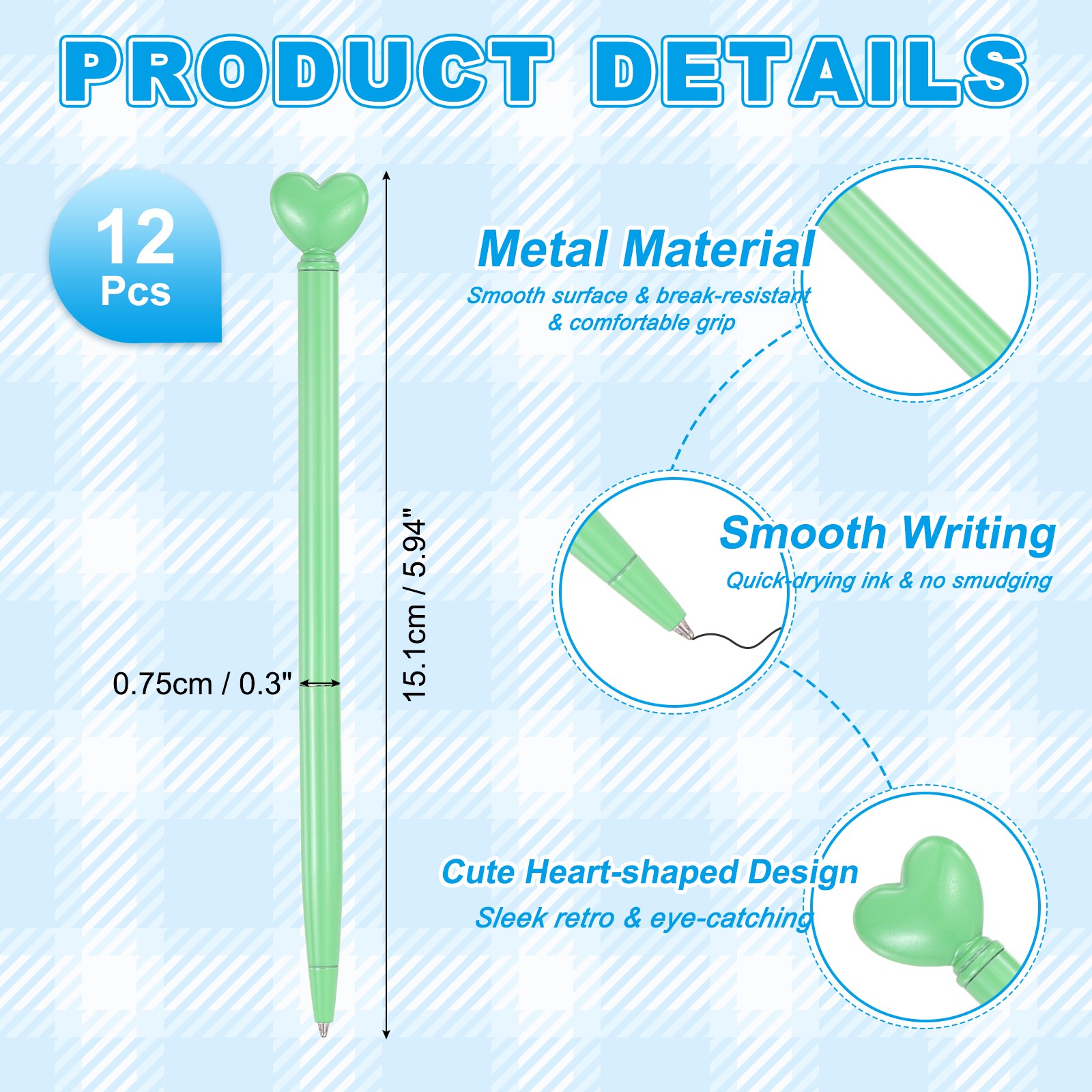 Heart Pens 1.0 mm Black Ink, 12 Pcs Metal Cute Pens Ballpoint, Green
