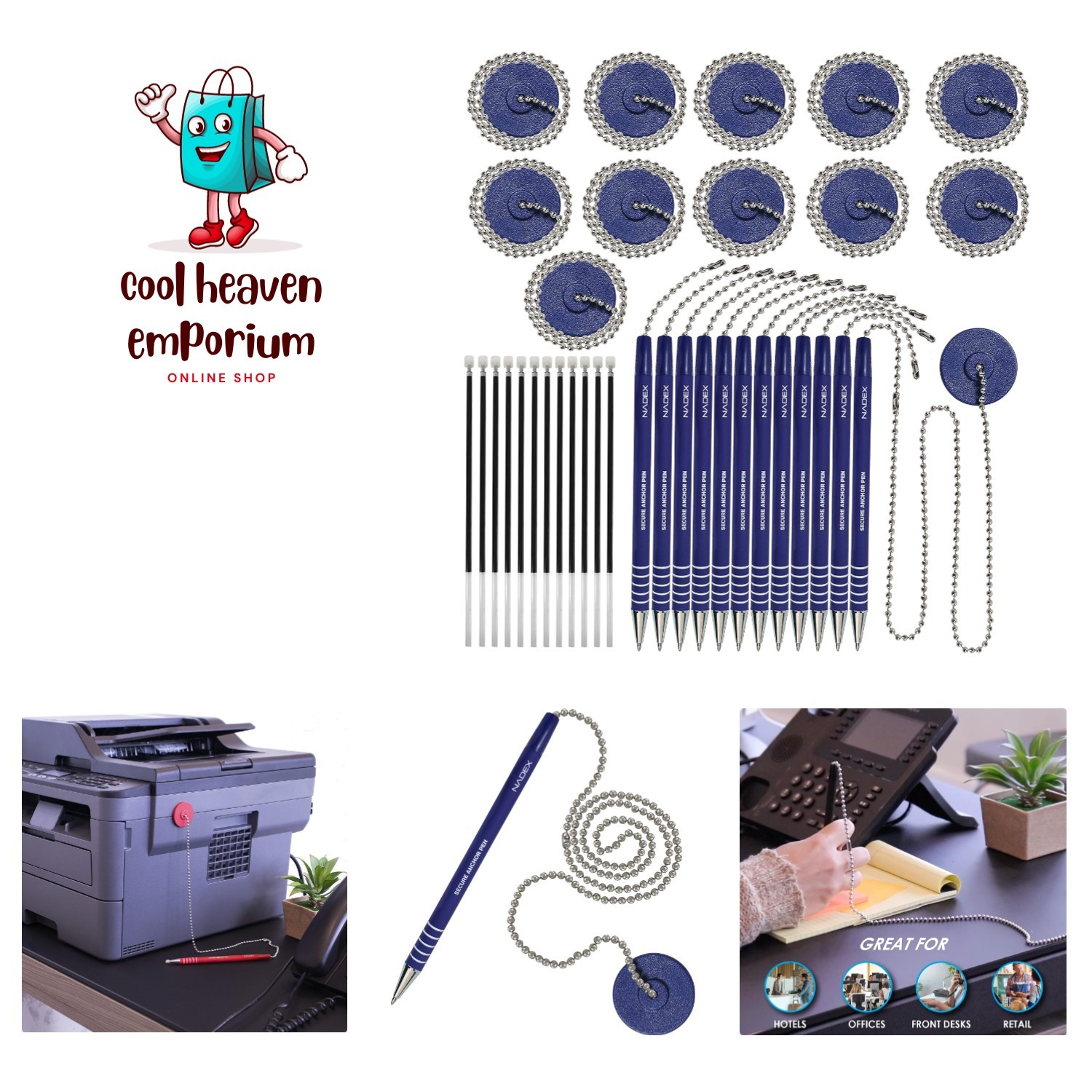 Blue Security Pen Set: 12 Refillable Pens with Safety Chains and Mounts Included