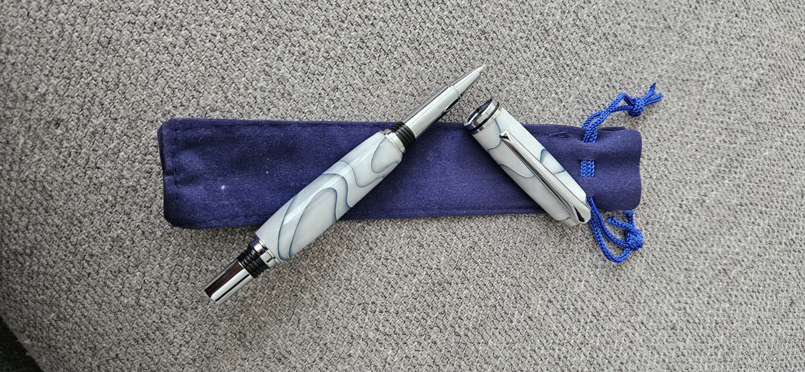 White & Blue/Gray Swirl Resin RollerBall Pen, Chrome Trim, Black Ink, w/ Pouch