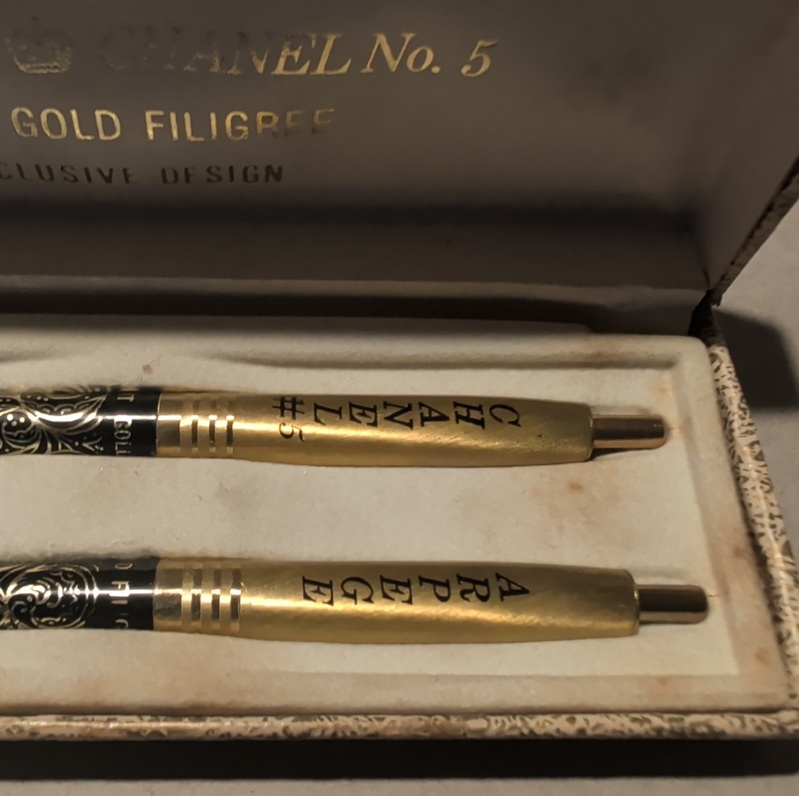 Vintage Chanel No.5 Arpege 14K Gold Filigree Perfumed Ballpoint Pen Set in Box