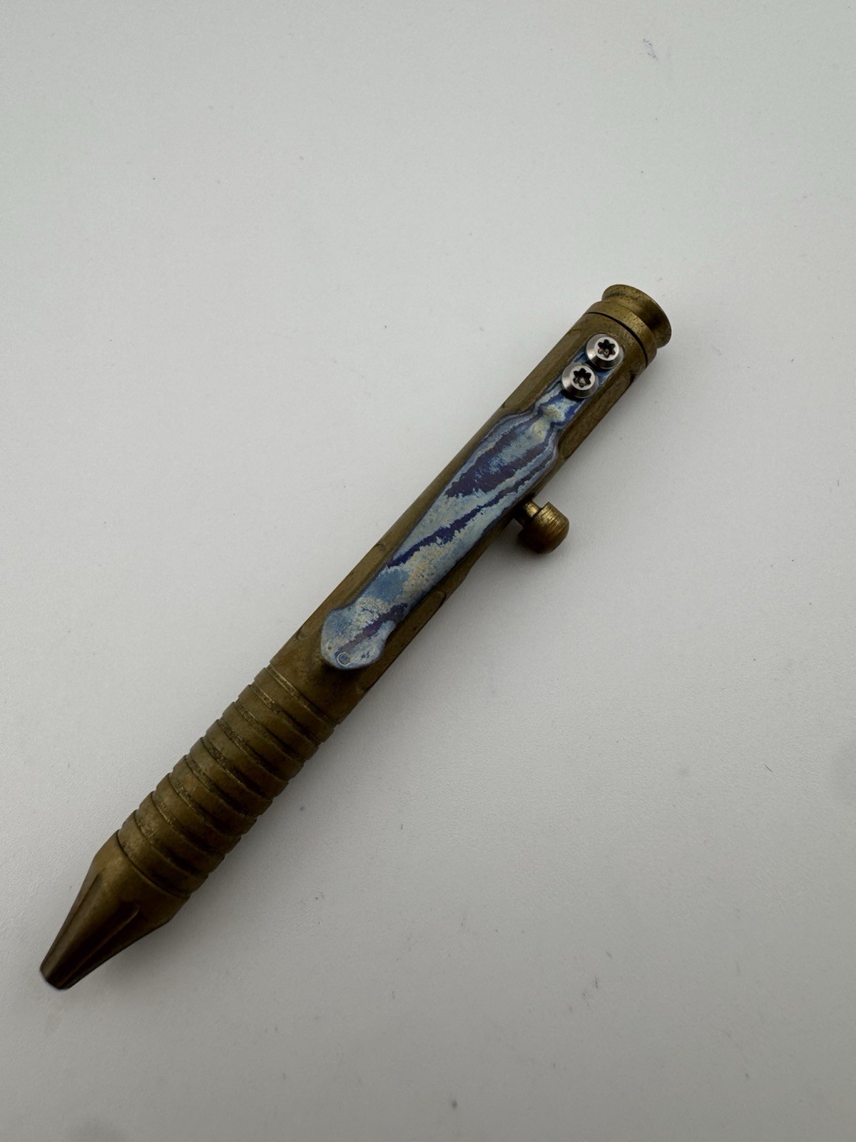 Original Brian Felholter Mini Custom Brass Titanium Blue Mokuti Pocket Clip Pen