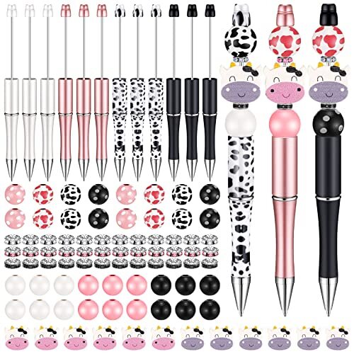 12 Set Plastic Beadable Pens Assorted Bead Pens Wood Beads Crystal Spacer