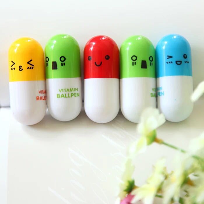 1PC Ballpoint Pen Stationery Gift Cartoon Face Capsule Pill Cute Vitamin Ballpen