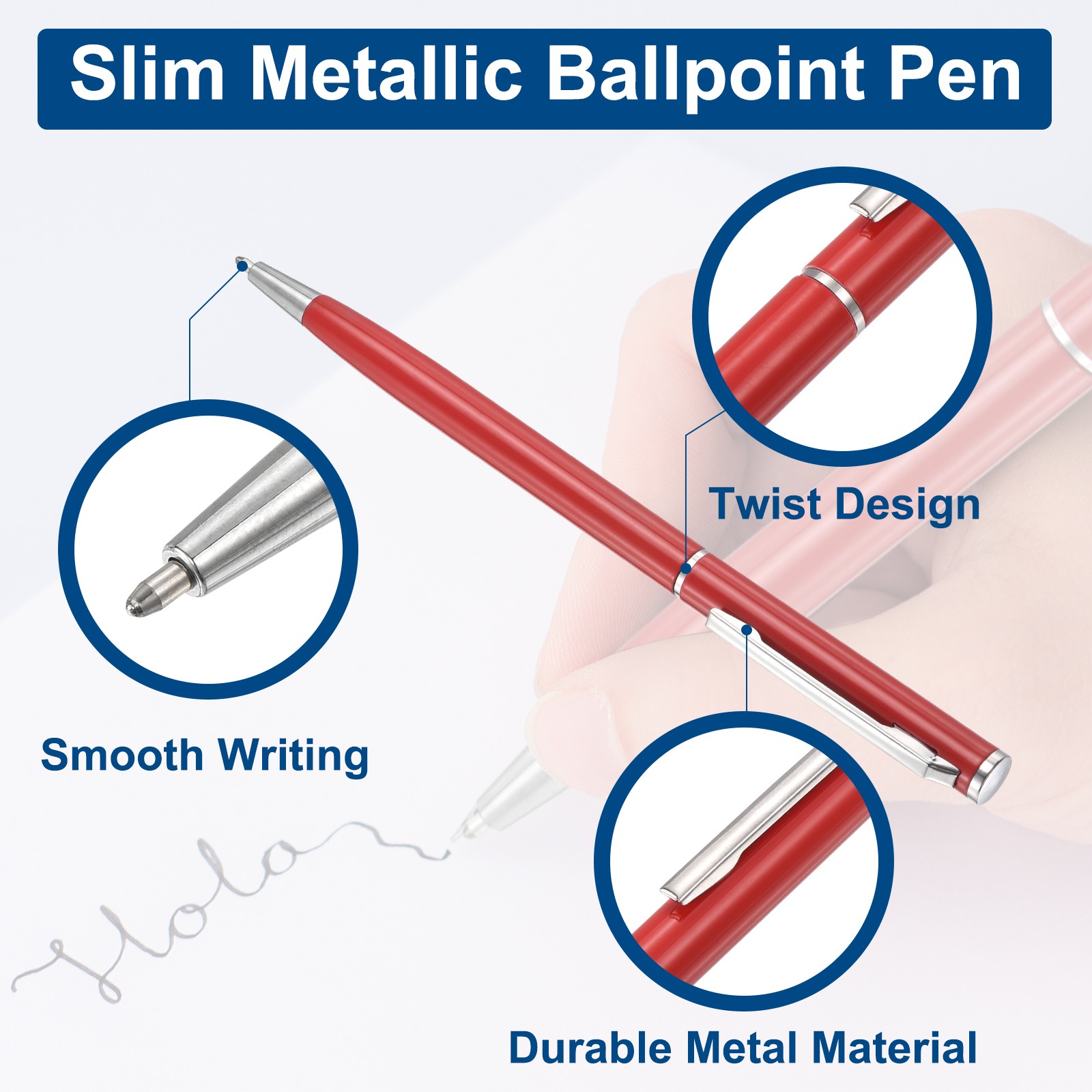 Slim Metallic Ballpoint Pen, 12Pcs Black Ink 1mm Medium Point Pen, Red